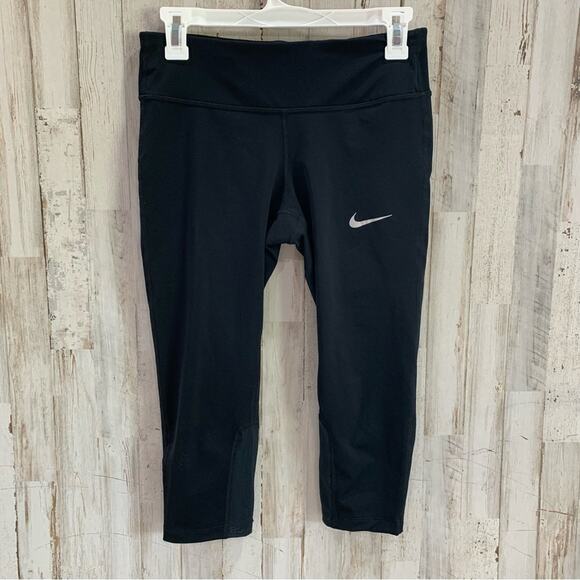 Nike Running Black Cropped Leggings Mesh Panels Compression - Picture 1 of 5